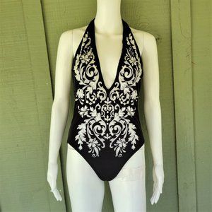 JANTZEN Black White Sequin Deep V Sexy Swimsuit 6
